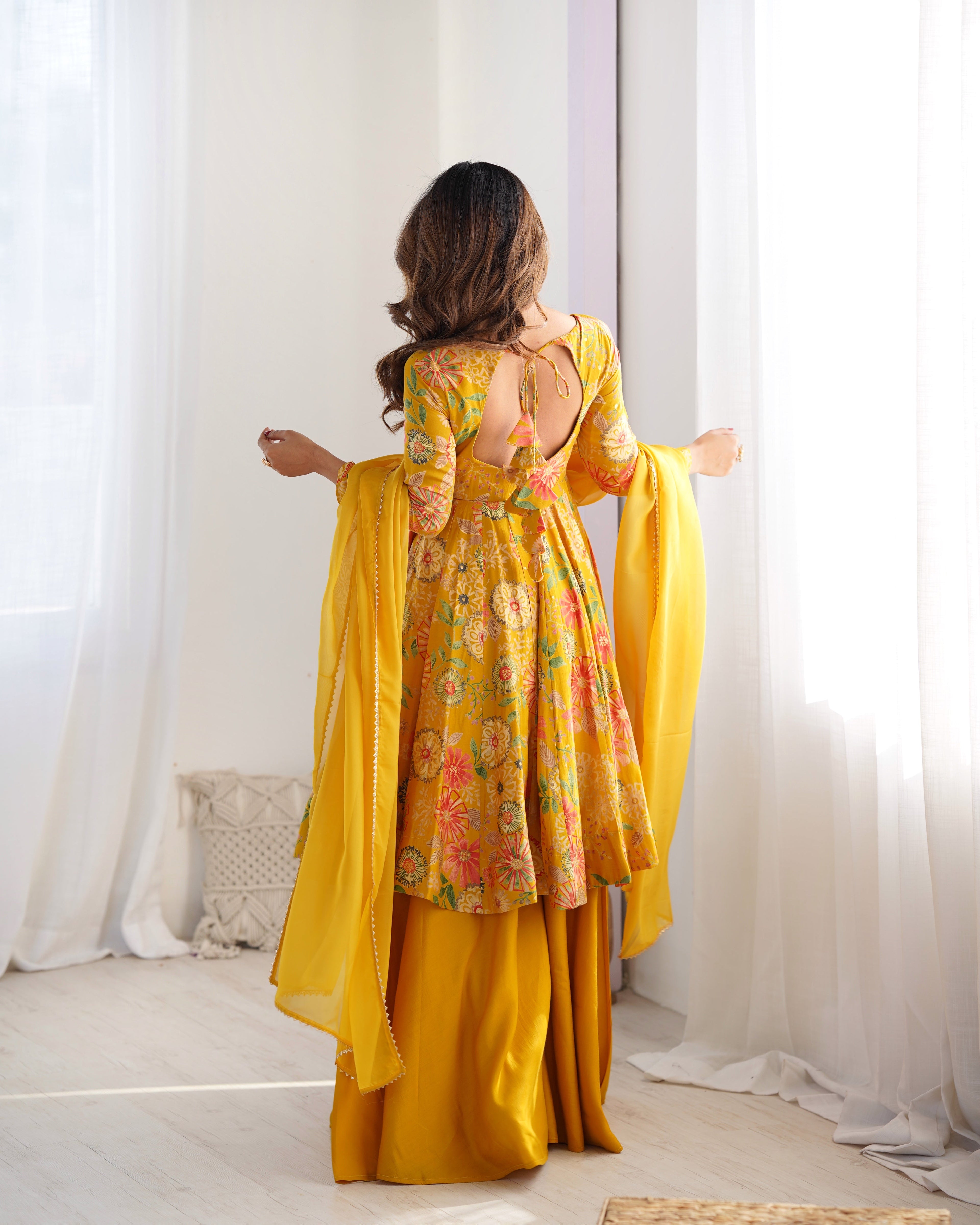 Yellow Pure Soft Roman Silk Kediya Kurta Palazzo Set - Ethnicwish