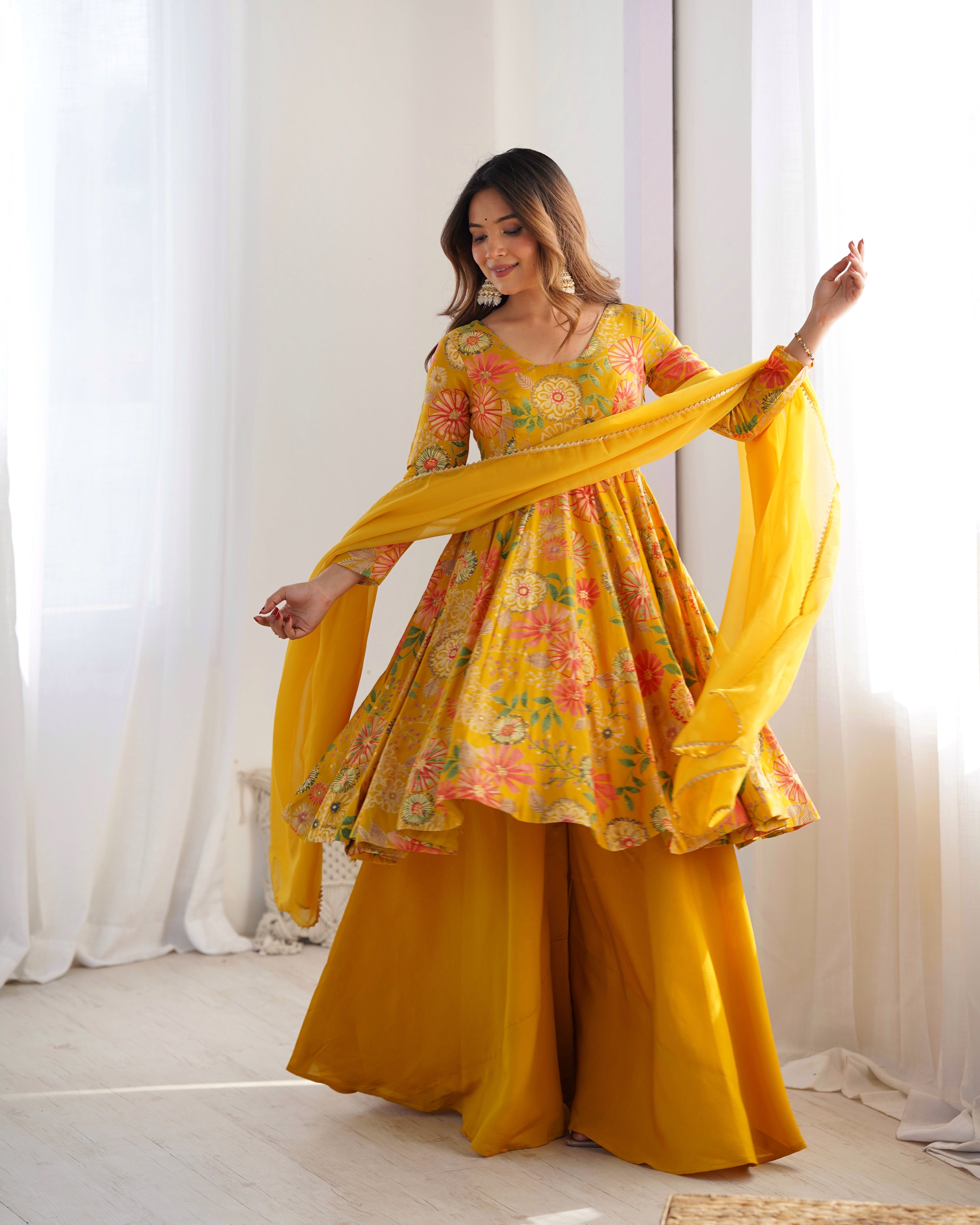 Yellow Pure Soft Roman Silk Kediya Kurta Palazzo Set - Ethnicwish