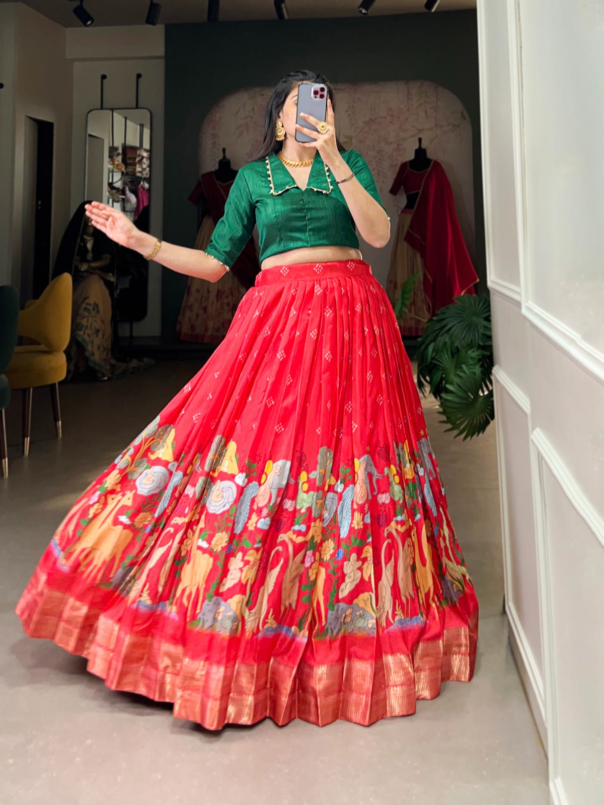 Magnificent Kalamkari Printed Zari Weaving Border Dola Silk Lehenga Choli - ETHNICDEAL