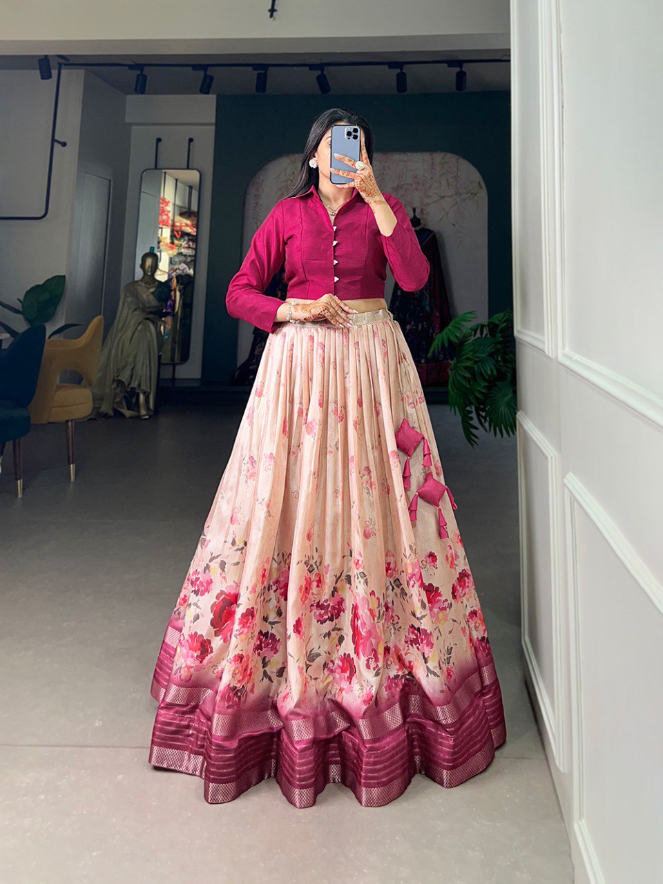 Magnificent Rani Pink Dola Silk Floral Printed Lehenga Choli Set - Ethnicwish