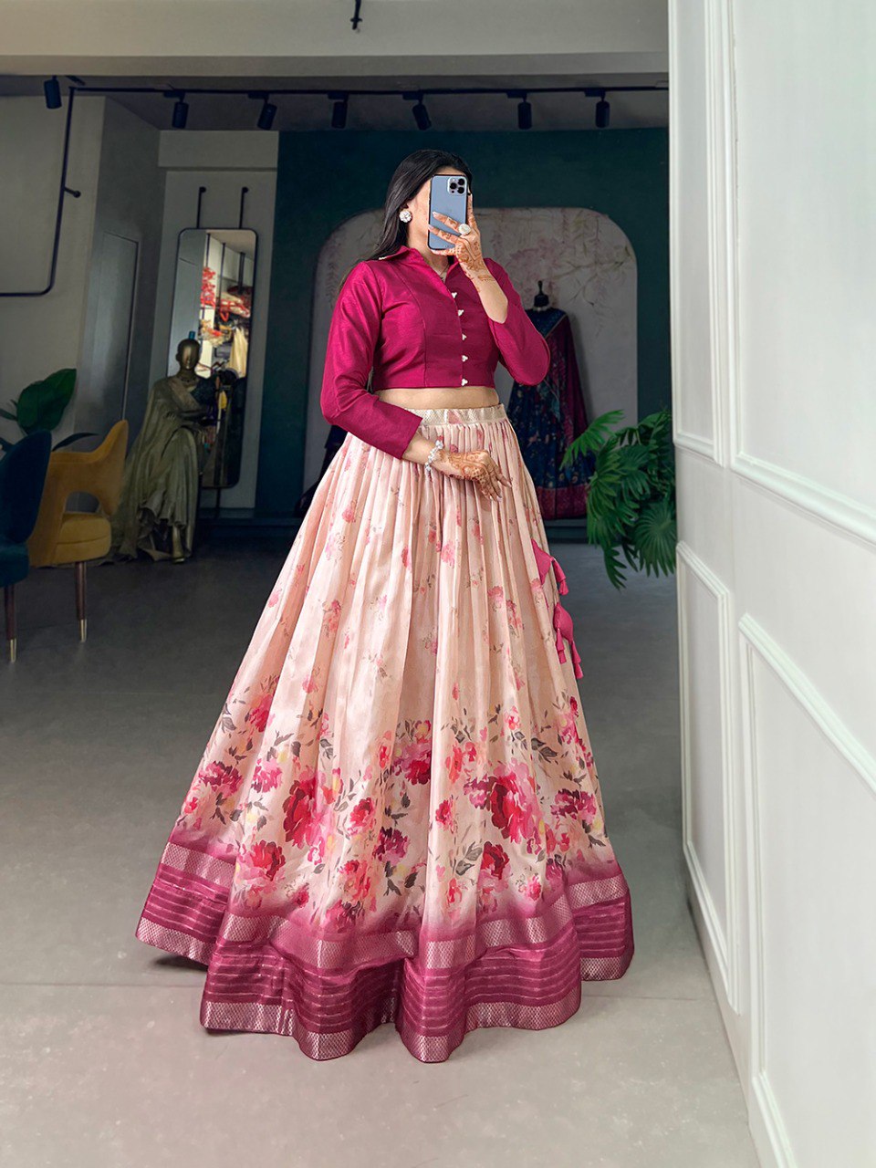 Magnificent Rani Pink Dola Silk Floral Printed Lehenga Choli Set - Ethnicwish