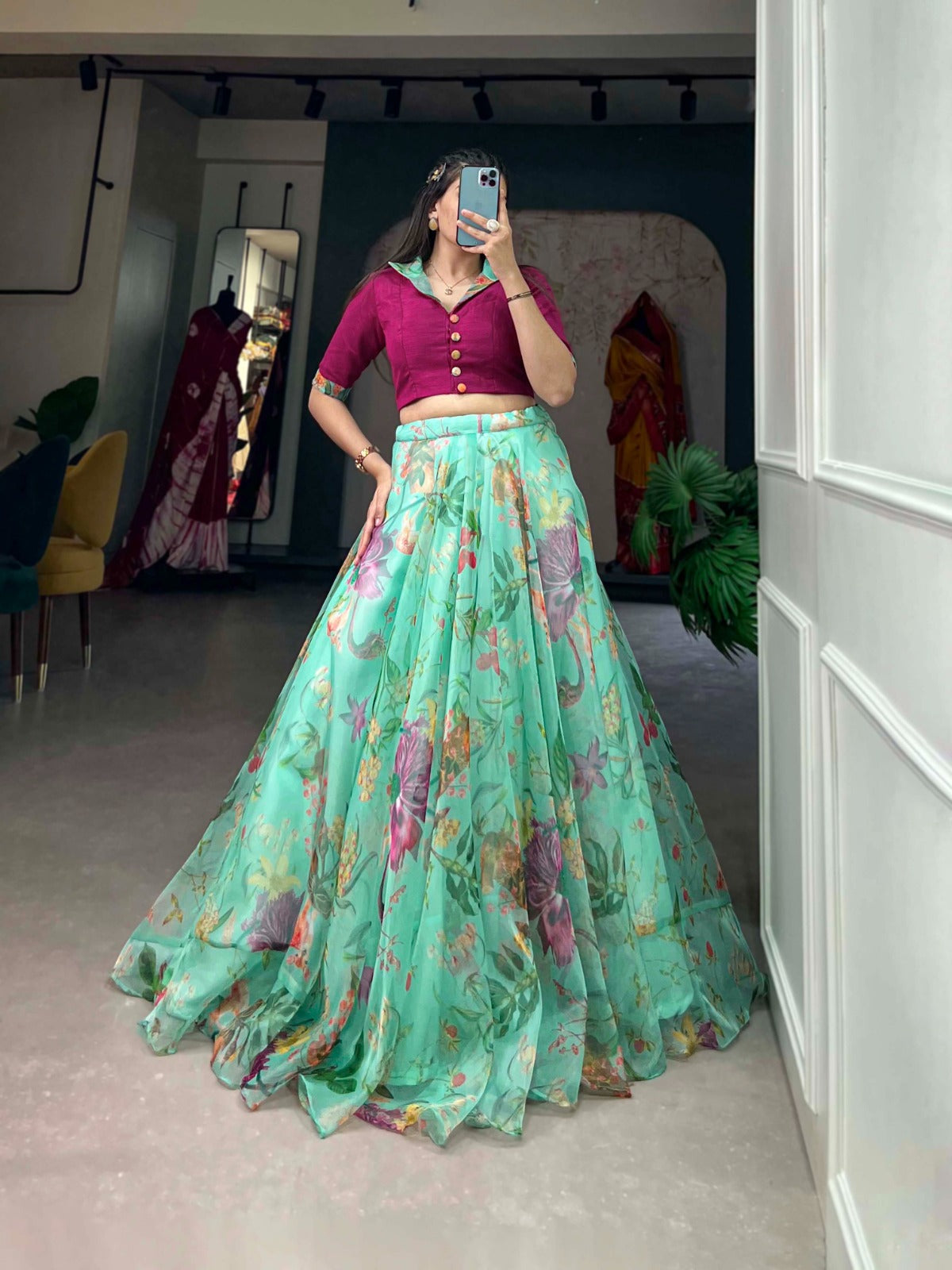 Stunning Organza Floral Digital Printed Lehenga With Blouse - Ethnicwish