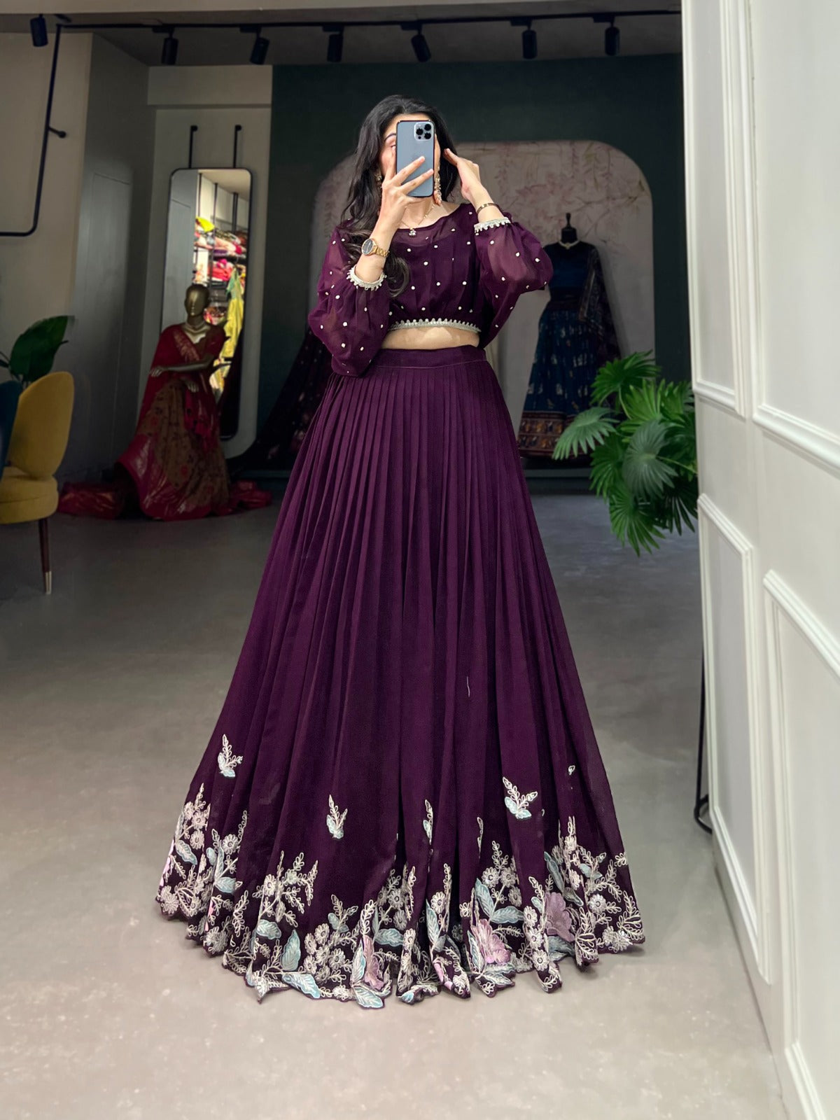Elegant Georgette Sequins Butti Lace Border Worked Top Lehenga Set - Ethnicwish