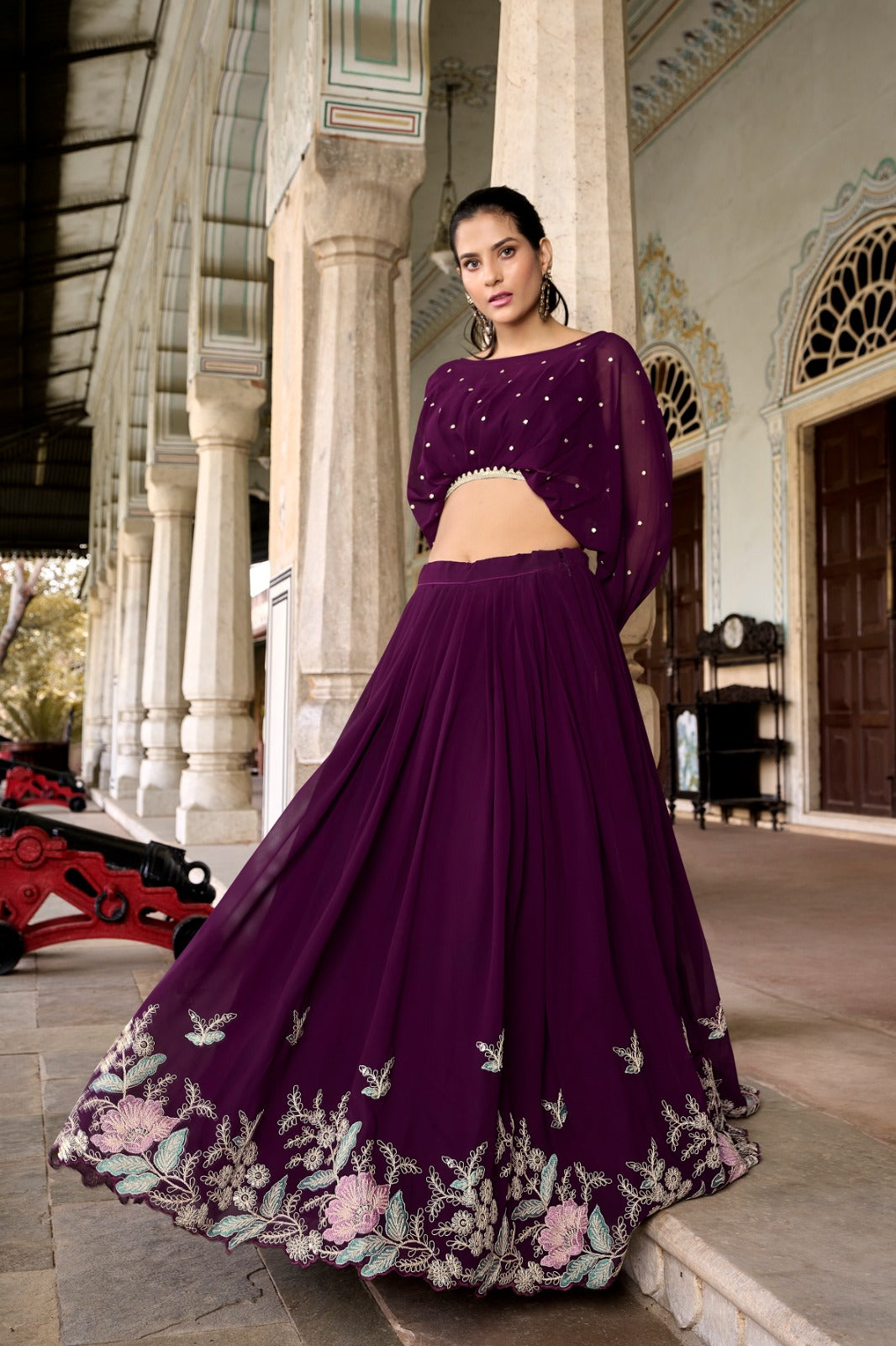 Elegant Georgette Sequins Butti Lace Border Worked Top Lehenga Set - Ethnicwish