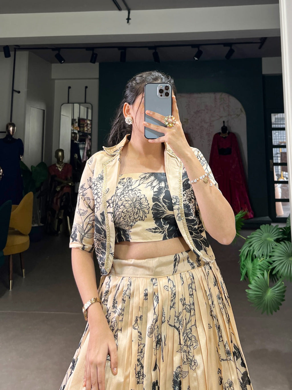 Exquisite Tussar Silk Floral Printed Lehenga Choli  Koti Set - Ethnicwish