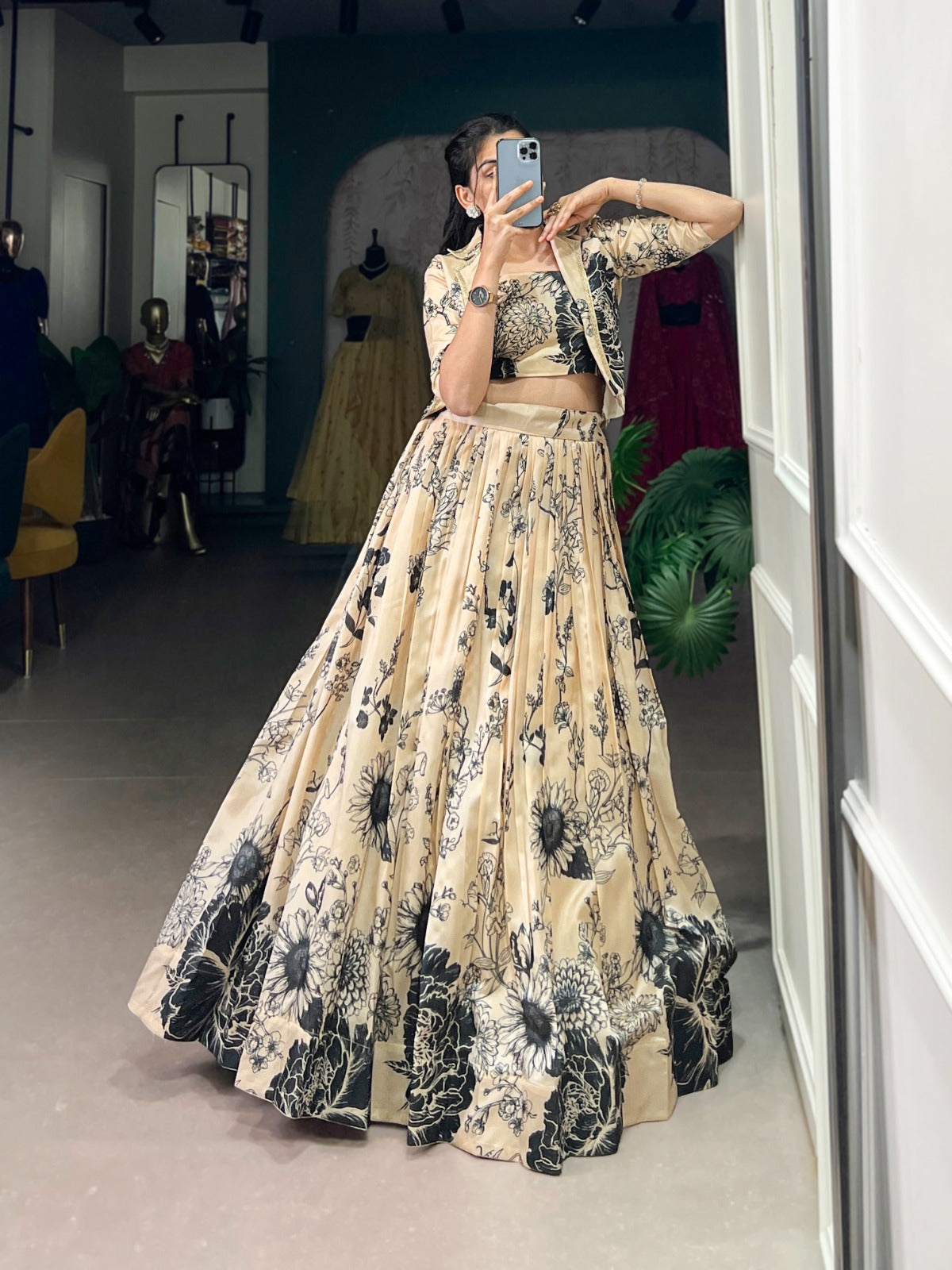 Exquisite Tussar Silk Floral Printed Lehenga Choli  Koti Set - Ethnicwish