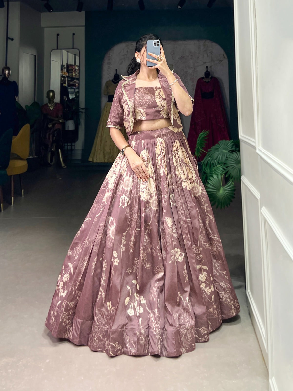 Exquisite Tussar Silk Floral Printed Lehenga Choli  Koti Set - Ethnicwish