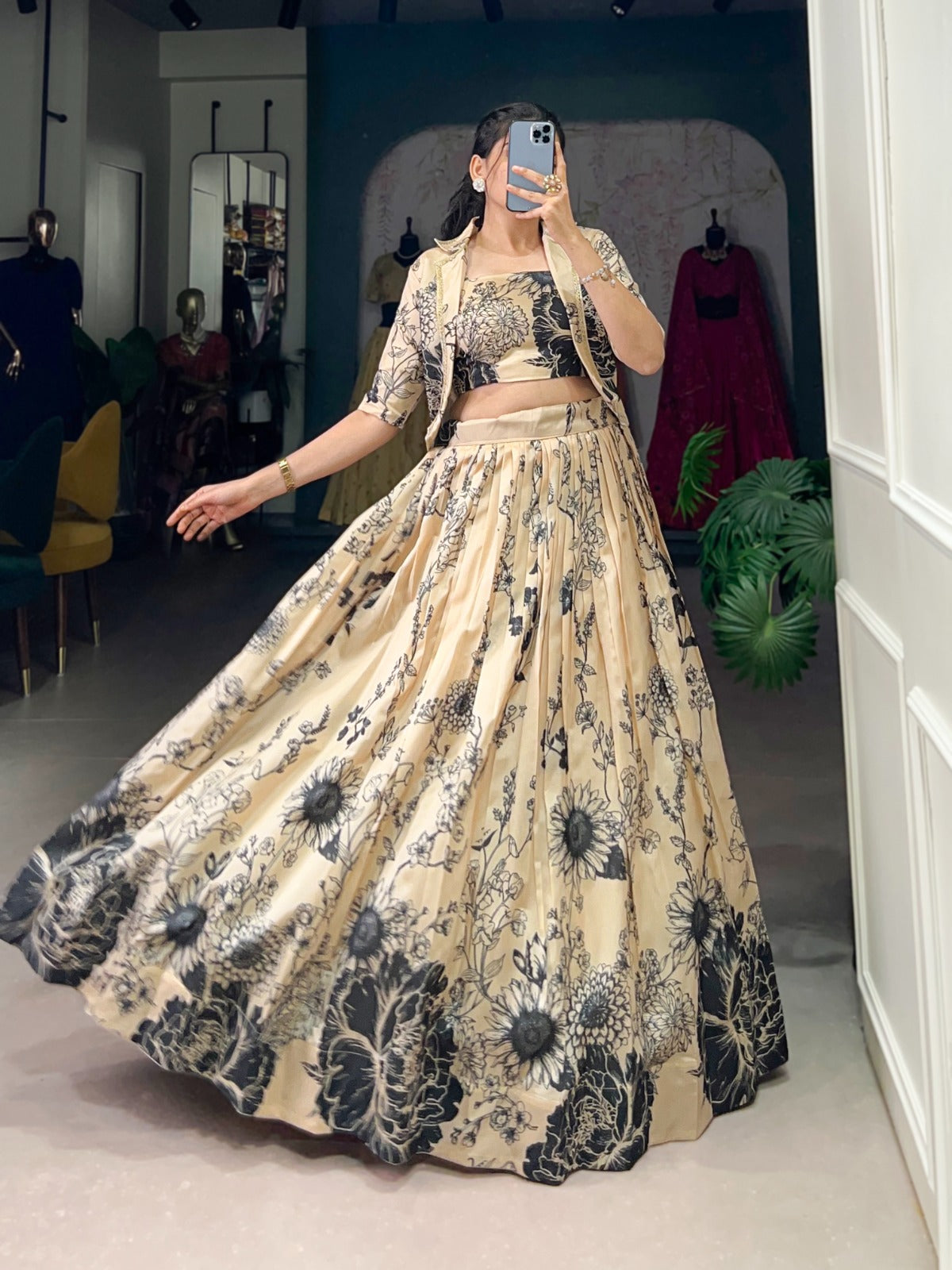 Exquisite Tussar Silk Floral Printed Lehenga Choli  Koti Set - Ethnicwish