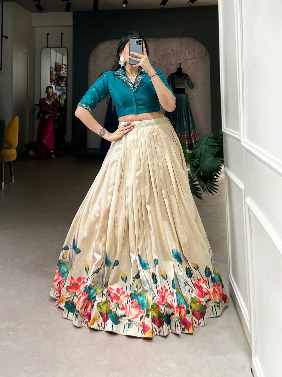 Lovely Tussar Silk Floral Digital Printed Lehenga With Stitched Blouse - Ethnicwish