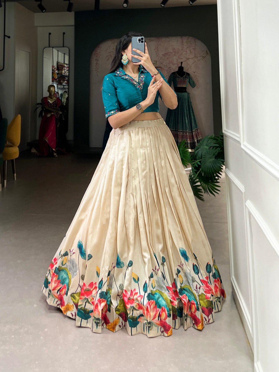 Lovely Tussar Silk Floral Digital Printed Lehenga With Stitched Blouse - Ethnicwish