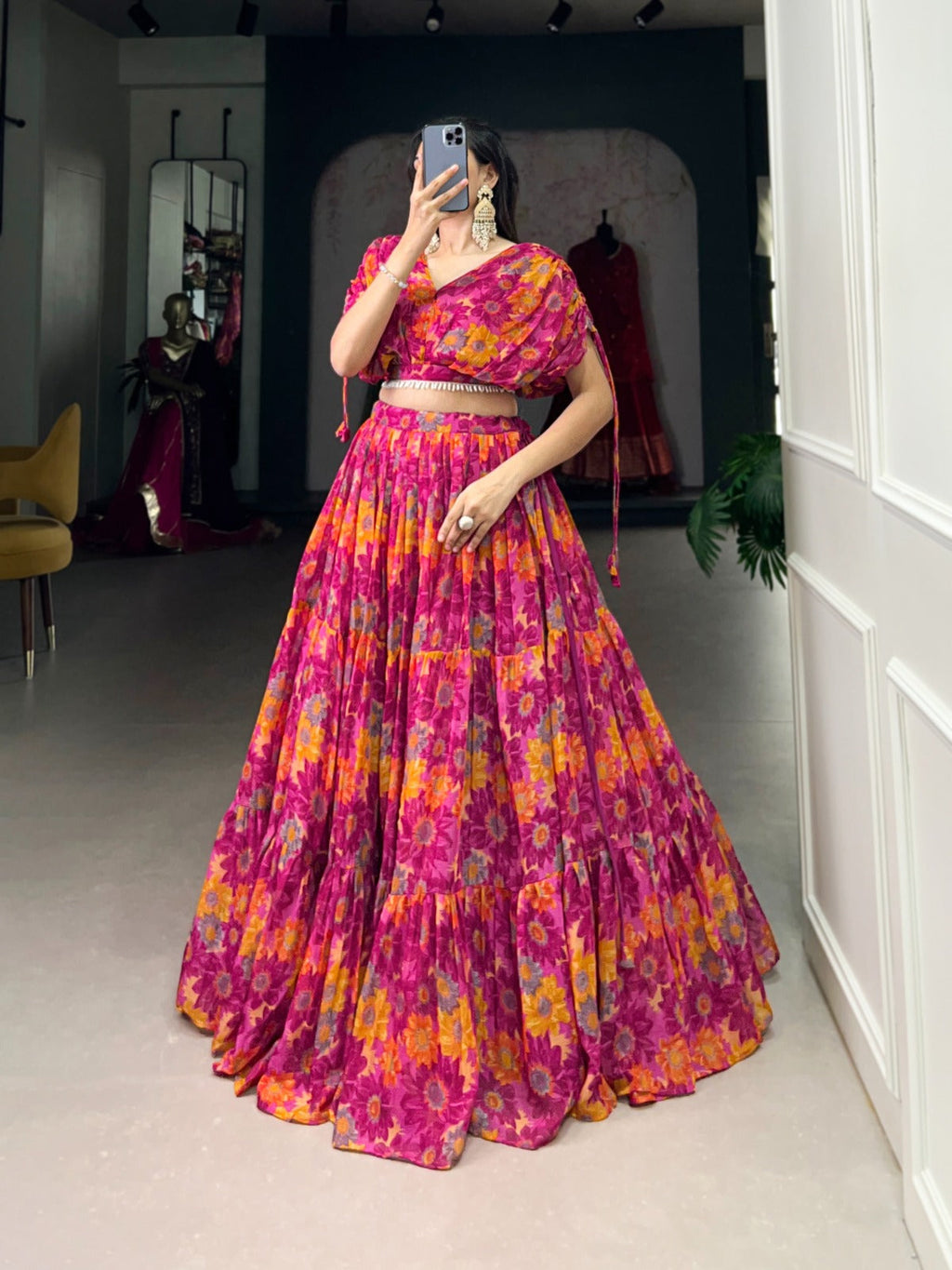 Alluring Pink Soft Chiffon Floral Printed Lehenga With Blouse Set - Ethnicwish