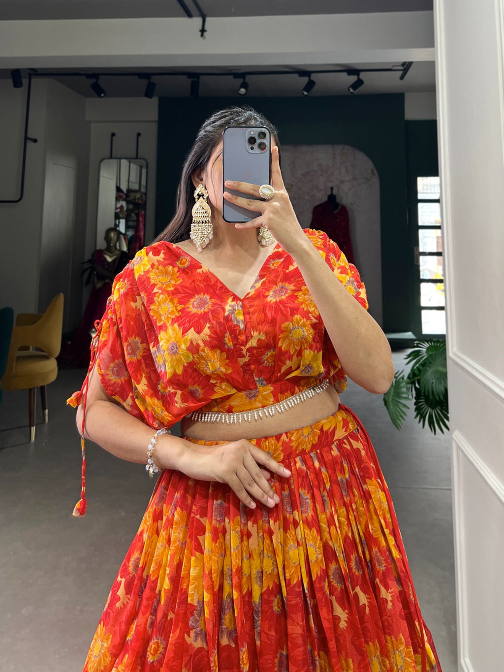 Sublime Red Soft Chiffon Floral Printed Lehenga With Blouse Set - Ethnicwish