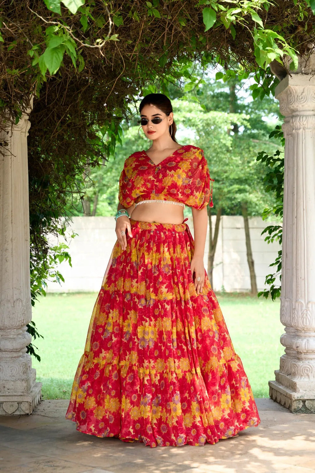 Sublime Red Soft Chiffon Floral Printed Lehenga With Blouse Set - Ethnicwish