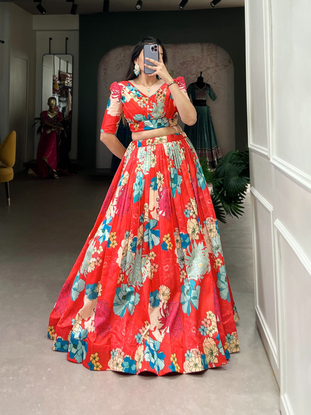 Ravishing Red Floral Printed Tussar Silk Lehenga Choli Set - Ethnicwish