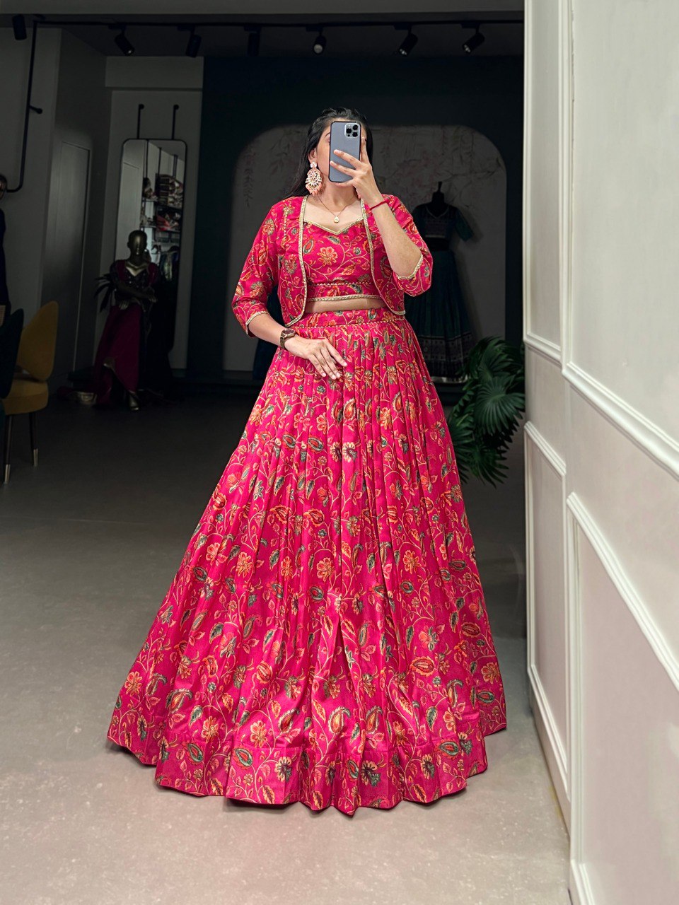 Elegant Pink Floral Printed Gotta Patti Worked Lehenga Blouse Koti Set - Ethnicwish
