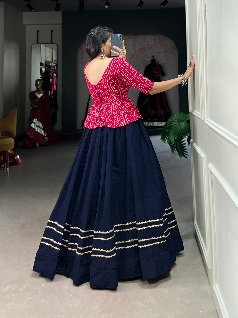 Stylish Navy Blue Pure Cotton Gota Patti Worked Lehenga Blouse Set - Ethnicwish
