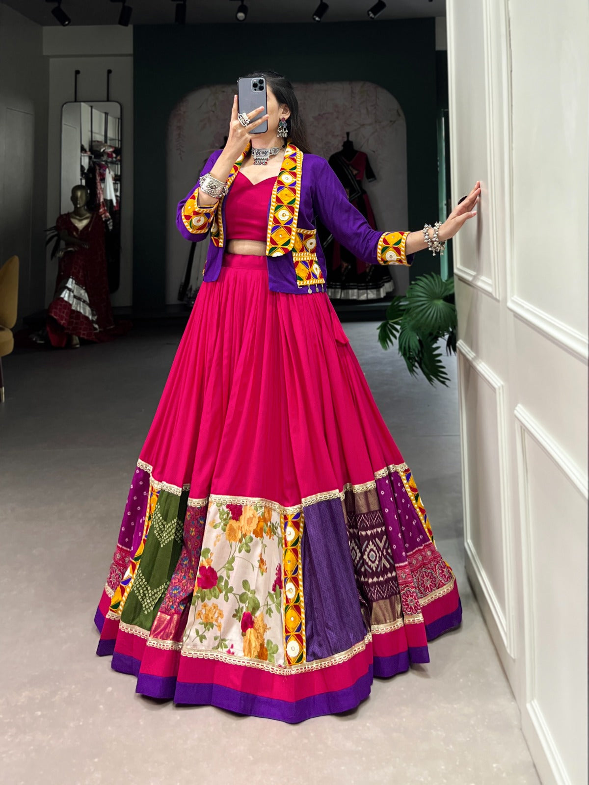 Ravishing Pure Rayon Gamthi Worked Navaratri Wear Lehenga Blouse Koti Set - Ethnicwish