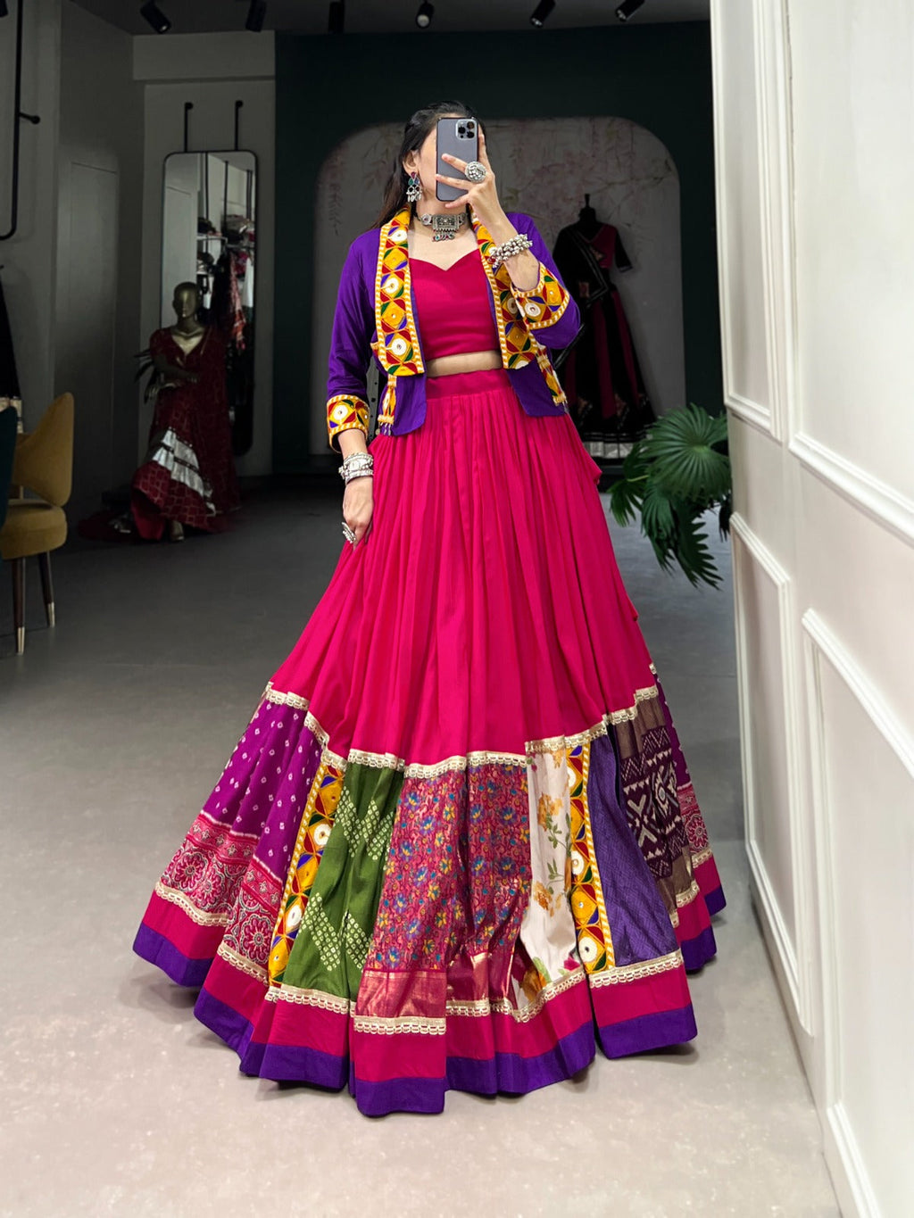 Ravishing Pure Rayon Gamthi Worked Navaratri Wear Lehenga Blouse Koti Set - Ethnicwish