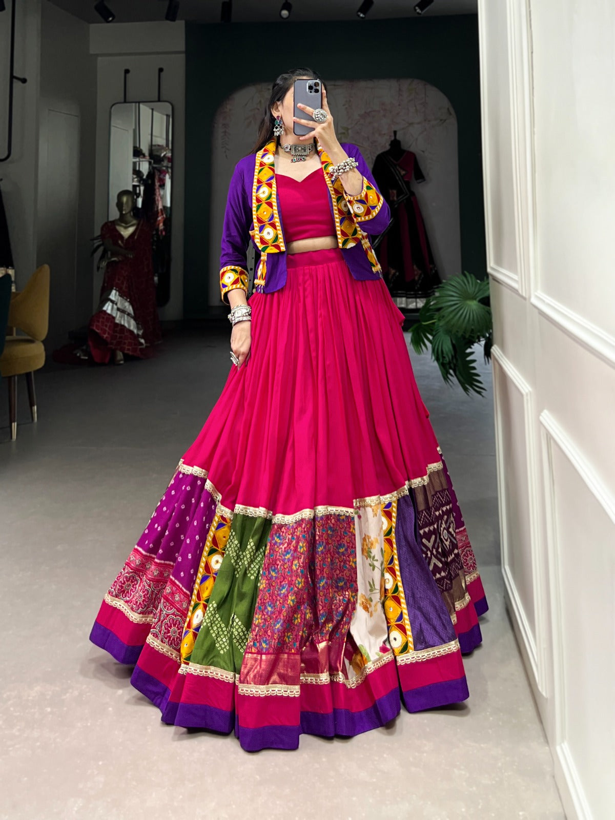 Ravishing Pure Rayon Gamthi Worked Navaratri Wear Lehenga Blouse Koti Set - Ethnicwish