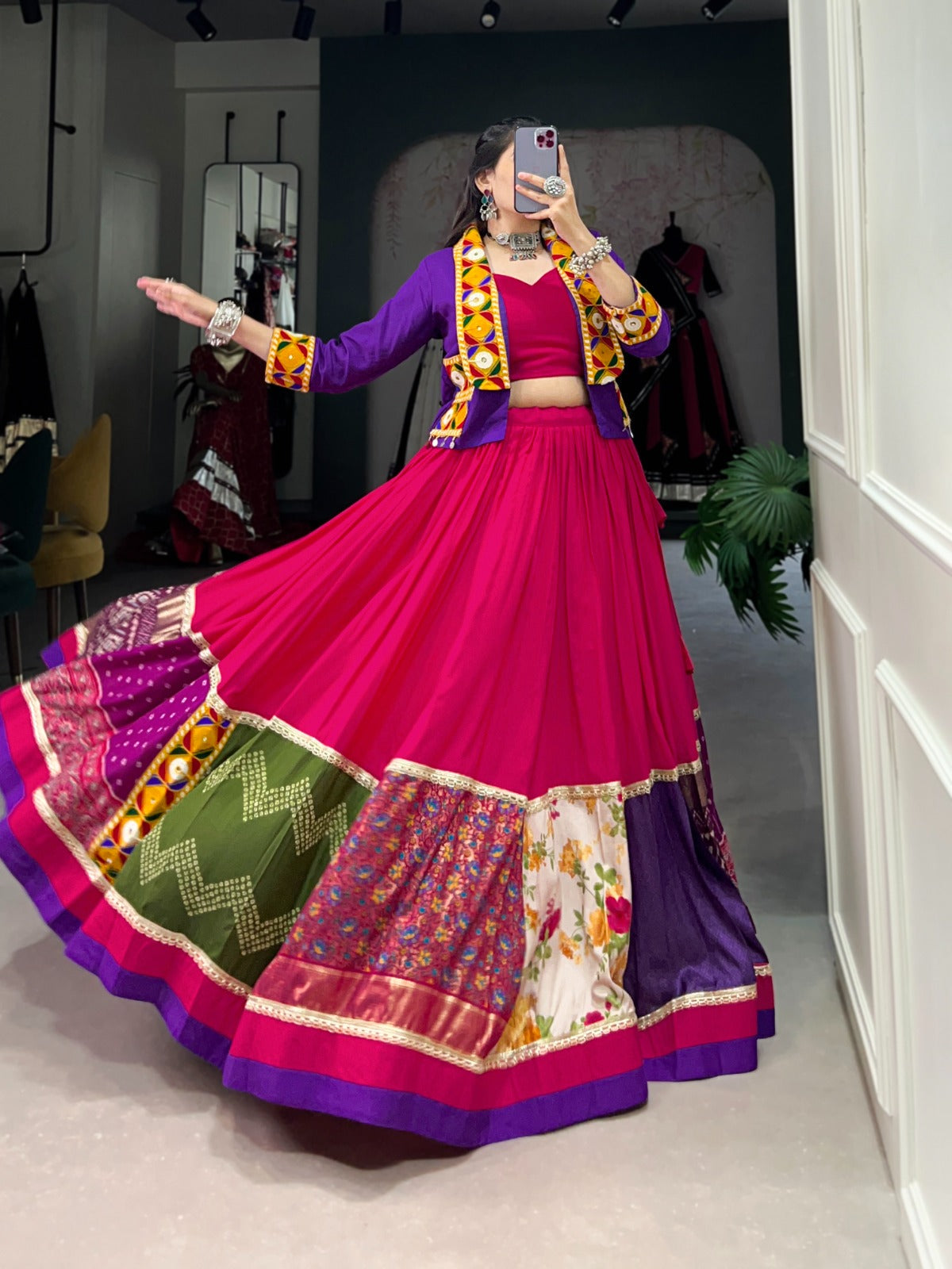 Ravishing Pure Rayon Gamthi Worked Navaratri Wear Lehenga Blouse Koti Set - Ethnicwish