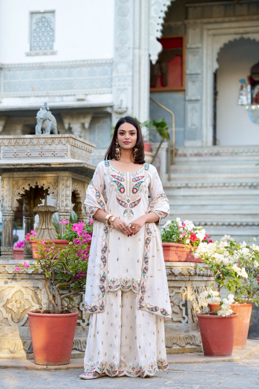 Spellbinding White Vichitra Silk Sequins Thread Worked Top Sharara Suit - Ethnicwish