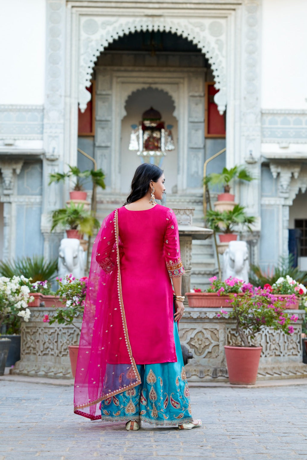 Exquisite Pink Silk Sequins Thread Worked Top Sharara Suit - Ethnicwish