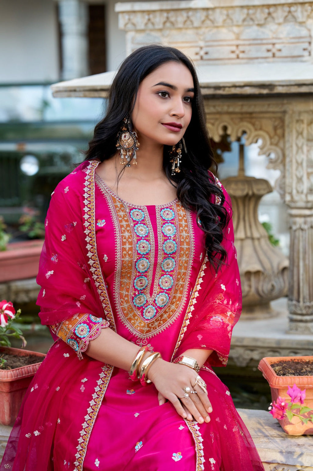 Exquisite Pink Silk Sequins Thread Worked Top Sharara Suit - Ethnicwish