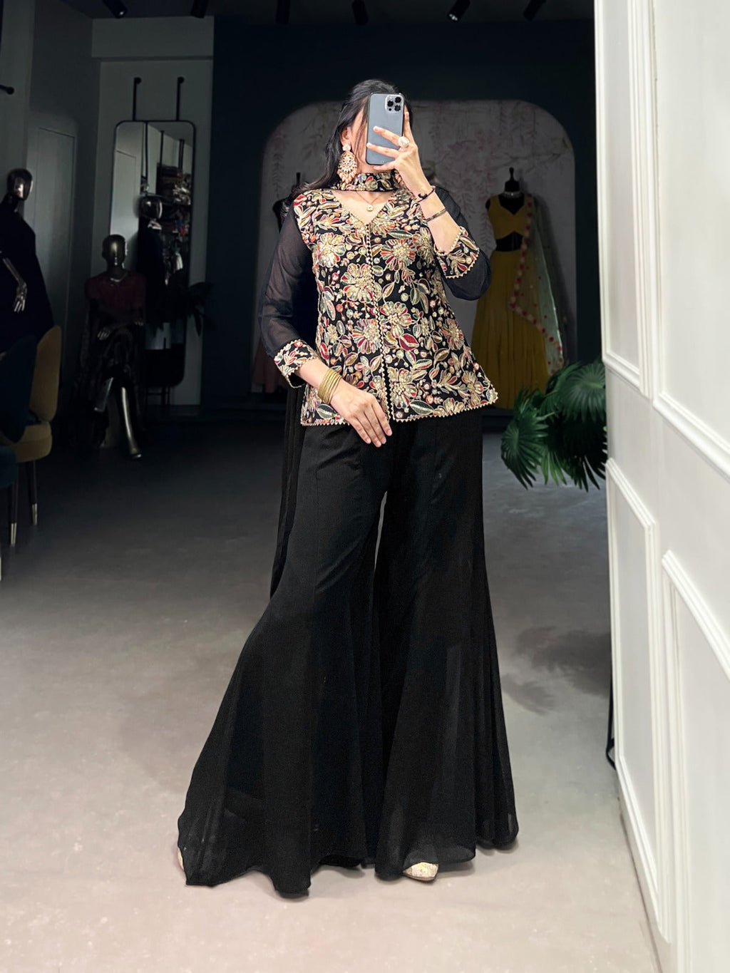 Breathtaking Black Georgette Sequins Thread Worked Top Palazzo Suit - ETHNICDEAL