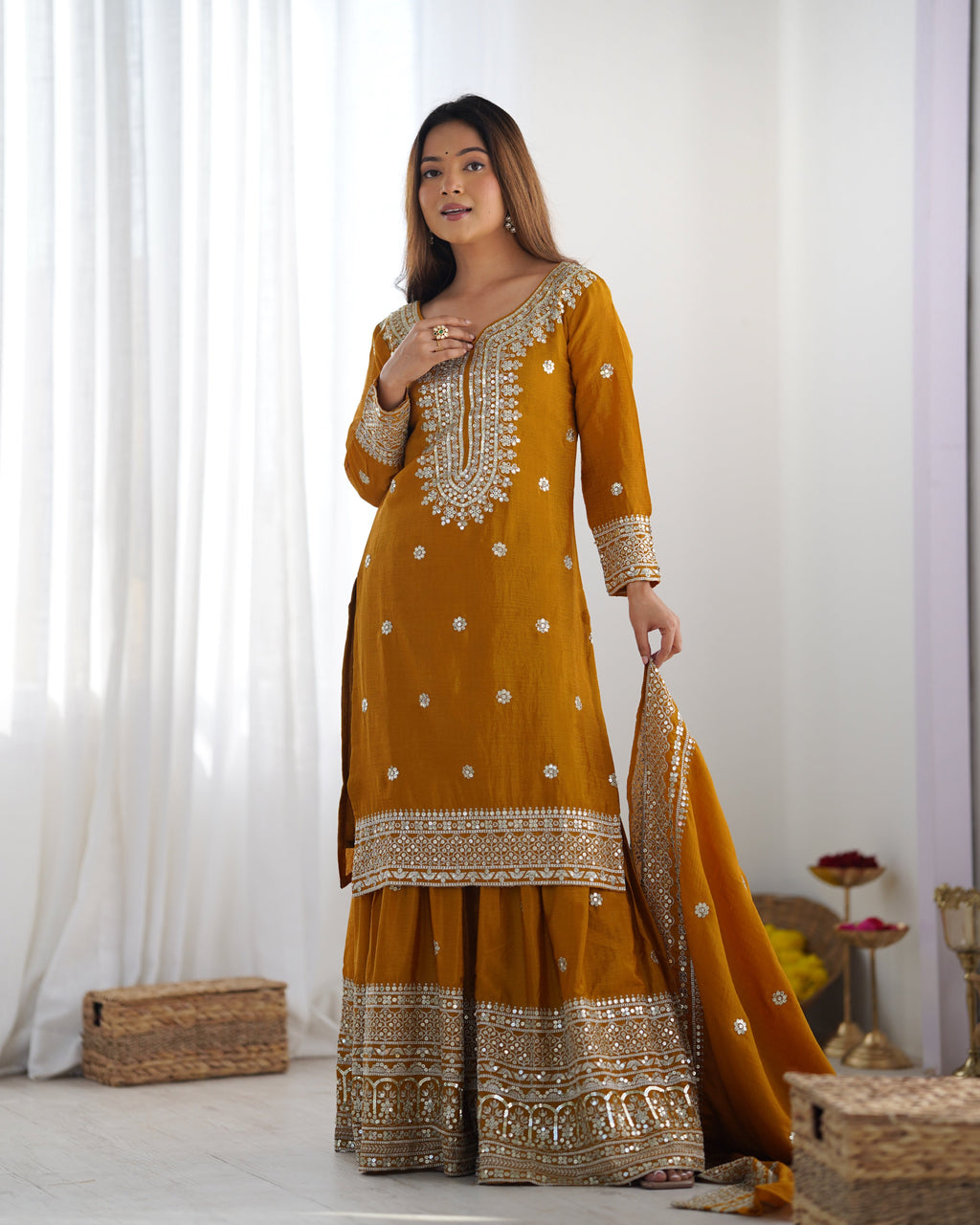 Magnificent Chinon Silk Sequins Embroidered Top Sharara Suit - ETHNICDEAL