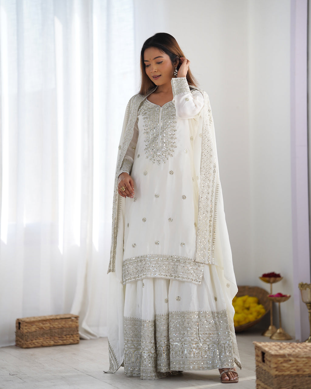 Magnificent Chinon Silk Sequins Embroidered Top Sharara Suit - ETHNICDEAL