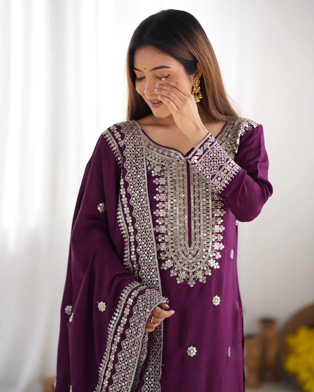 Magnificent Chinon Silk Sequins Embroidered Top Sharara Suit - ETHNICDEAL