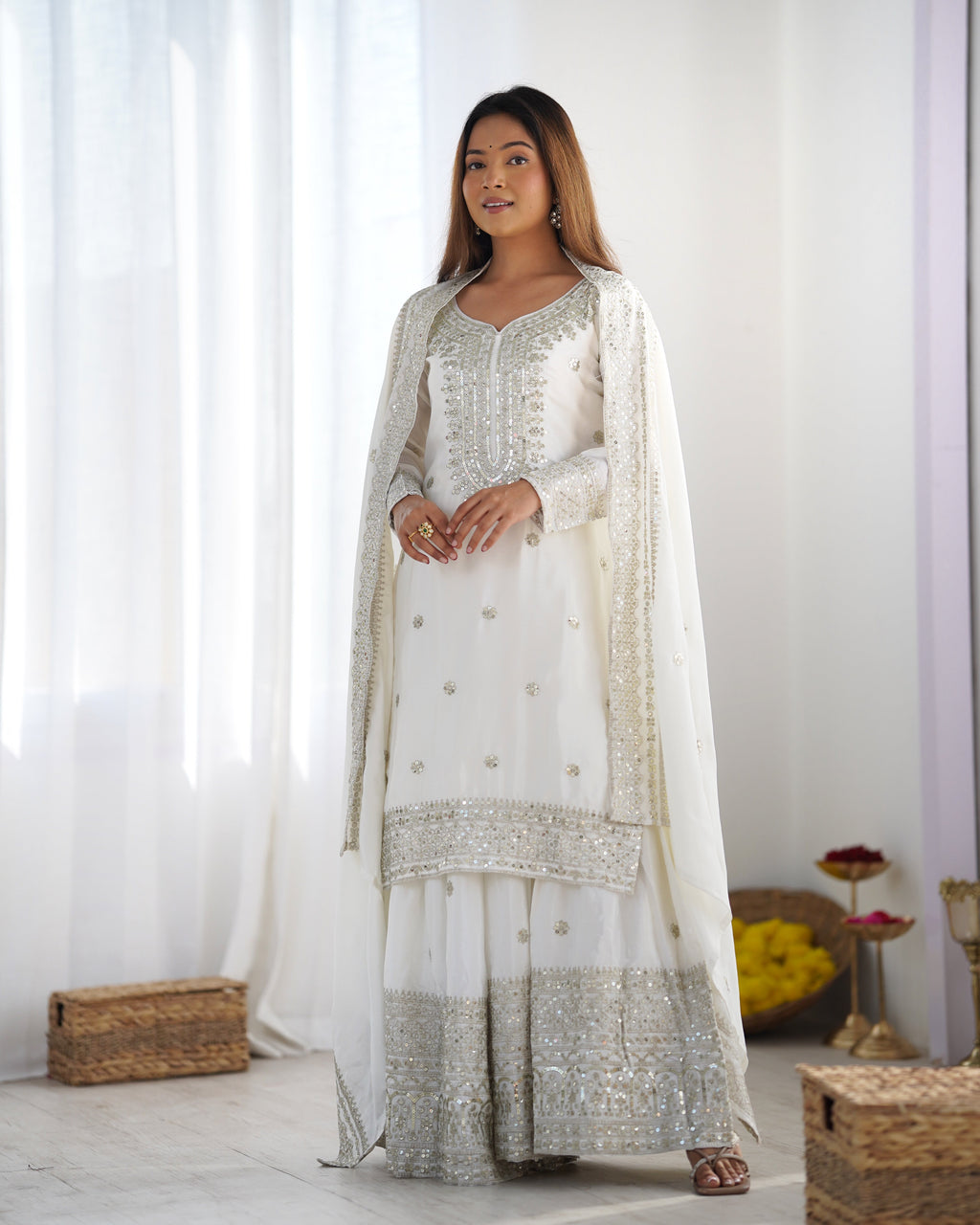 Magnificent Chinon Silk Sequins Embroidered Top Sharara Suit - ETHNICDEAL
