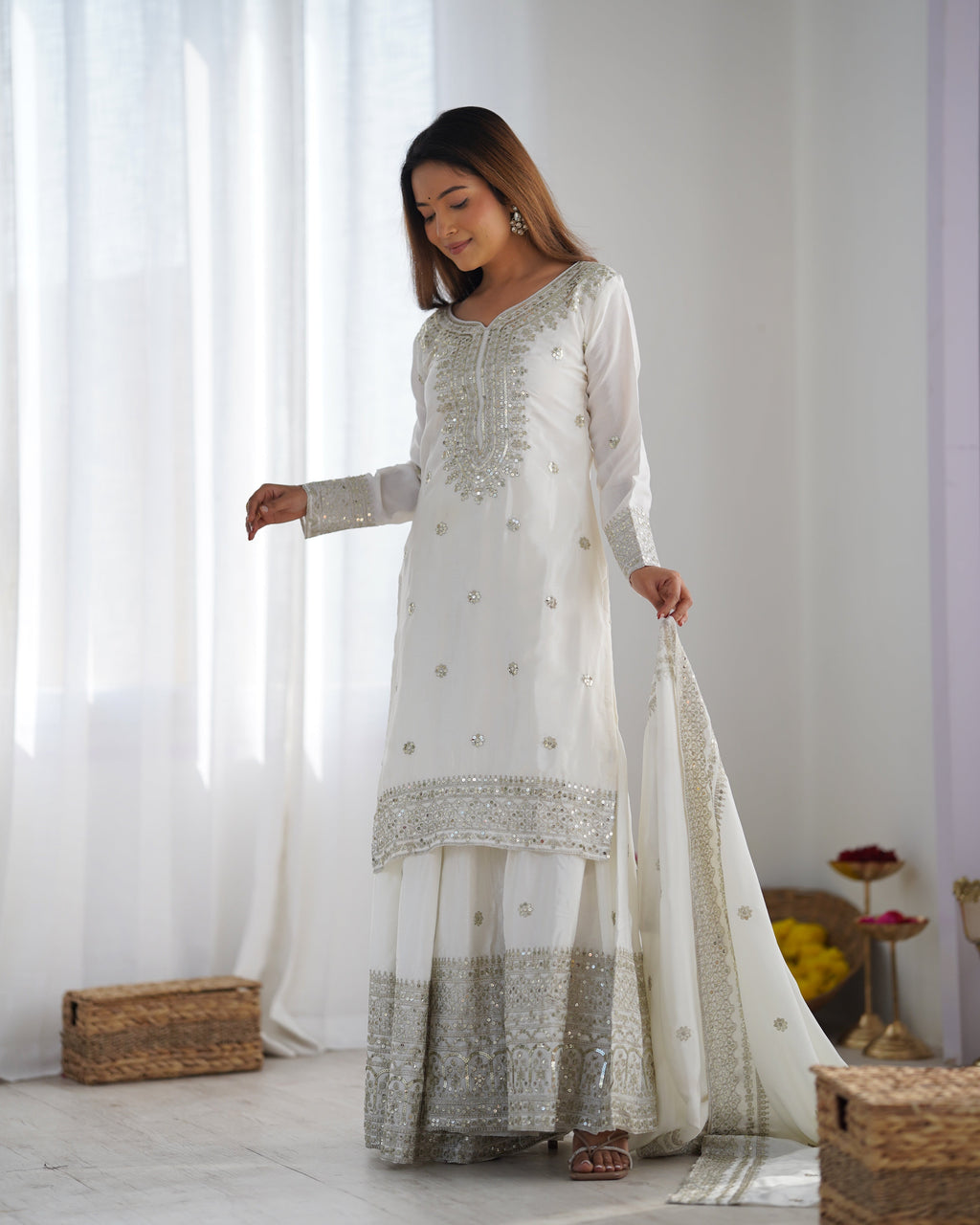 Magnificent Chinon Silk Sequins Embroidered Top Sharara Suit - ETHNICDEAL