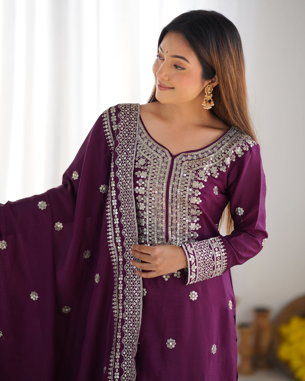 Magnificent Chinon Silk Sequins Embroidered Top Sharara Suit - ETHNICDEAL