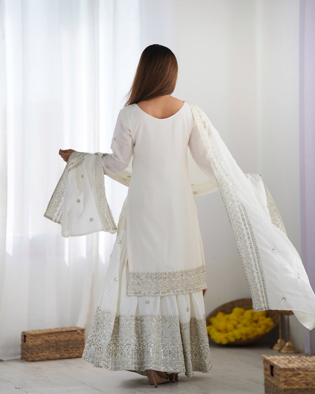 Magnificent Chinon Silk Sequins Embroidered Top Sharara Suit - ETHNICDEAL