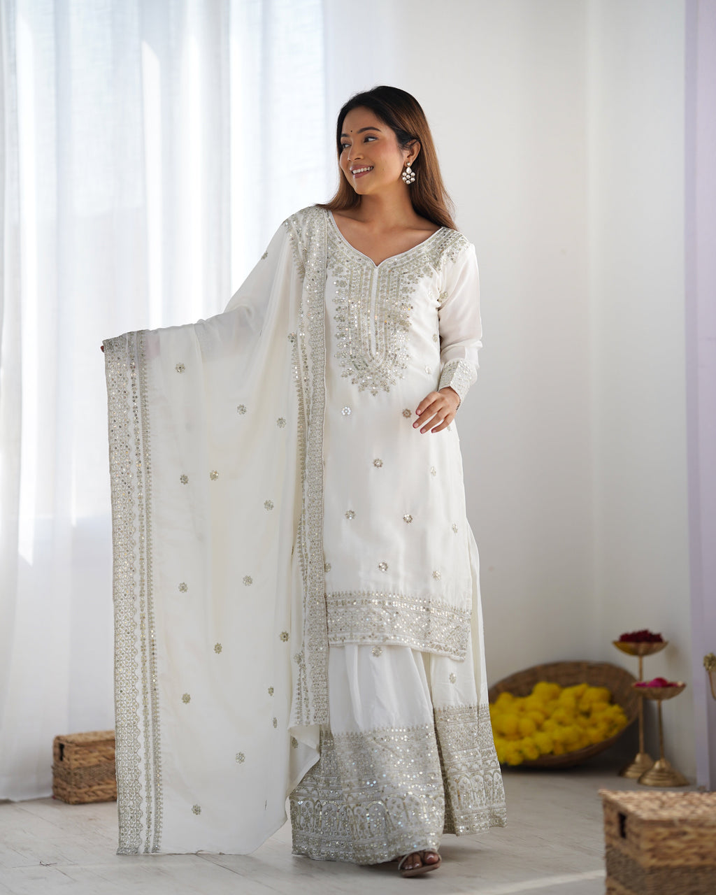 Magnificent Chinon Silk Sequins Embroidered Top Sharara Suit - ETHNICDEAL