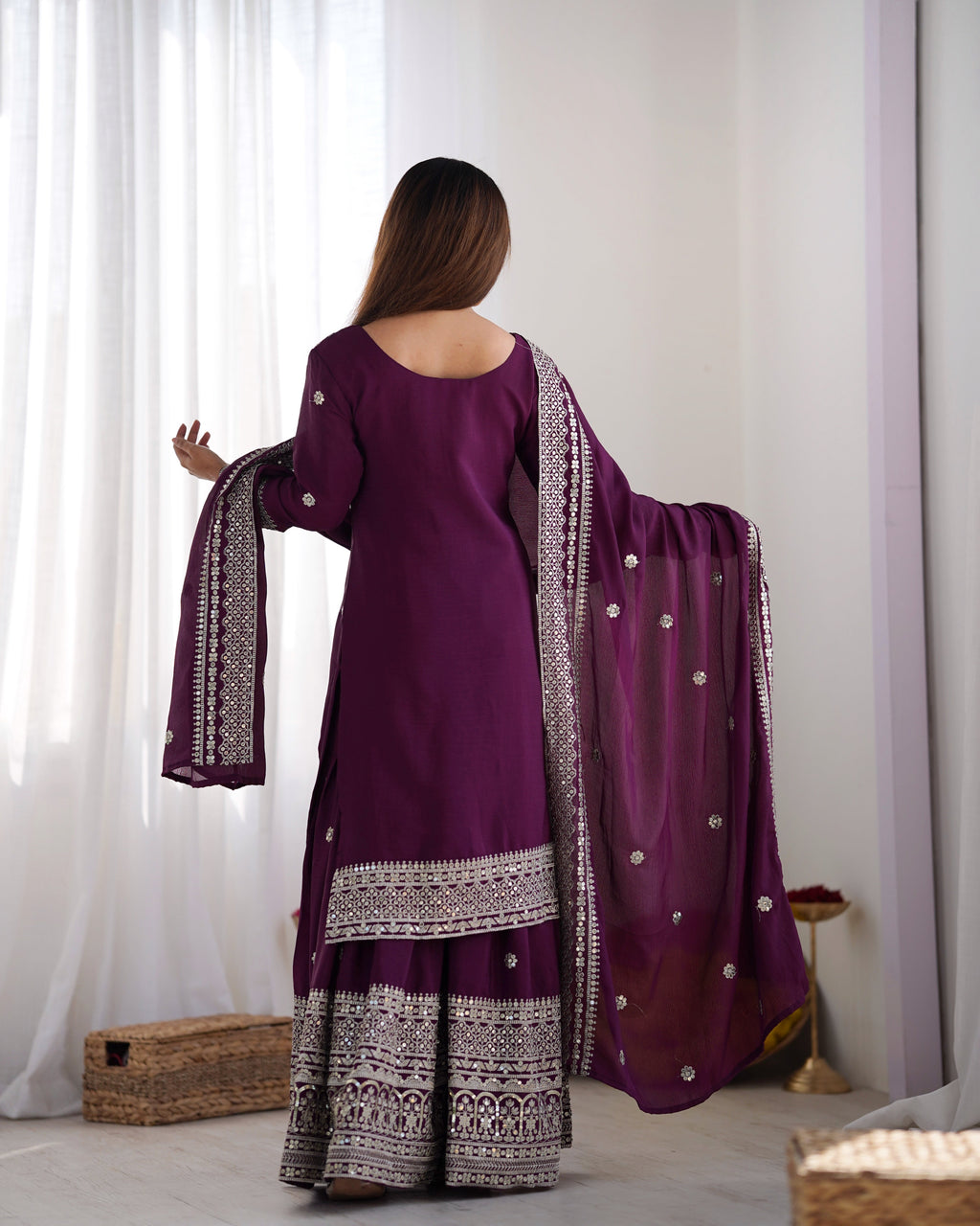 Magnificent Chinon Silk Sequins Embroidered Top Sharara Suit - ETHNICDEAL