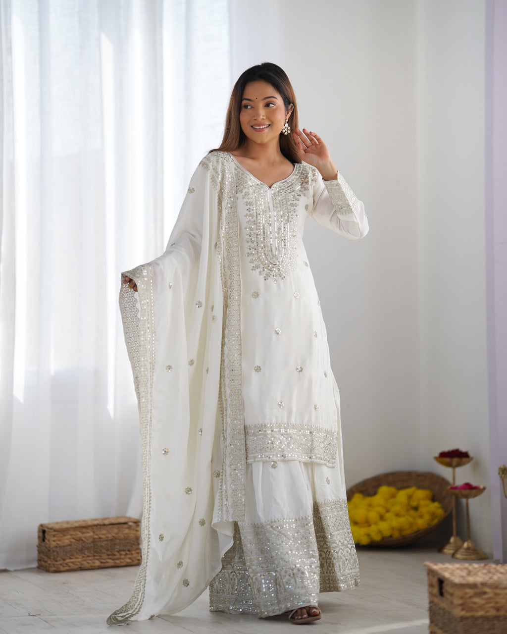 Magnificent Chinon Silk Sequins Embroidered Top Sharara Suit - ETHNICDEAL