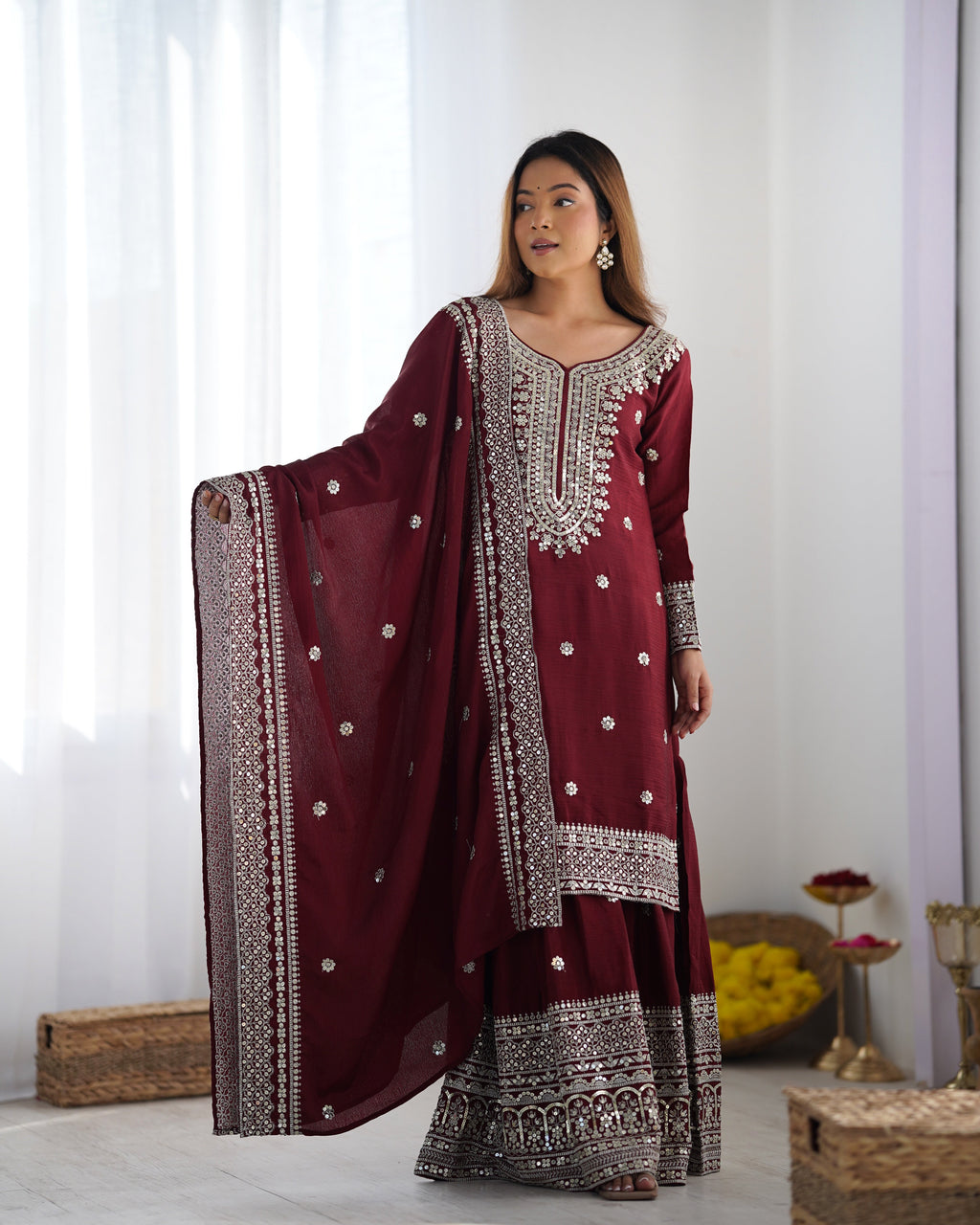 Magnificent Chinon Silk Sequins Embroidered Top Sharara Suit - ETHNICDEAL