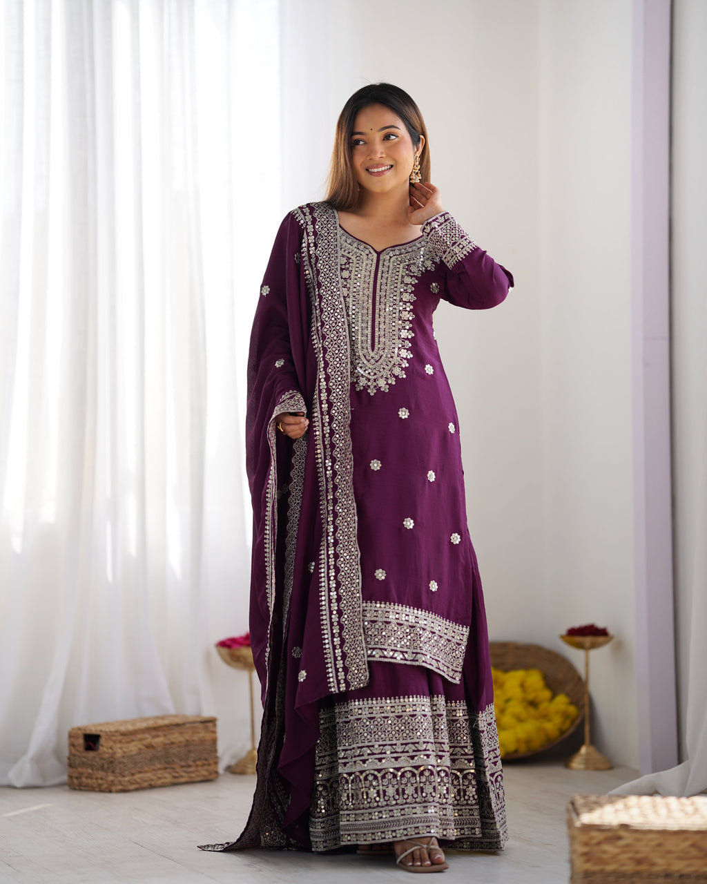 Magnificent Chinon Silk Sequins Embroidered Top Sharara Suit - ETHNICDEAL