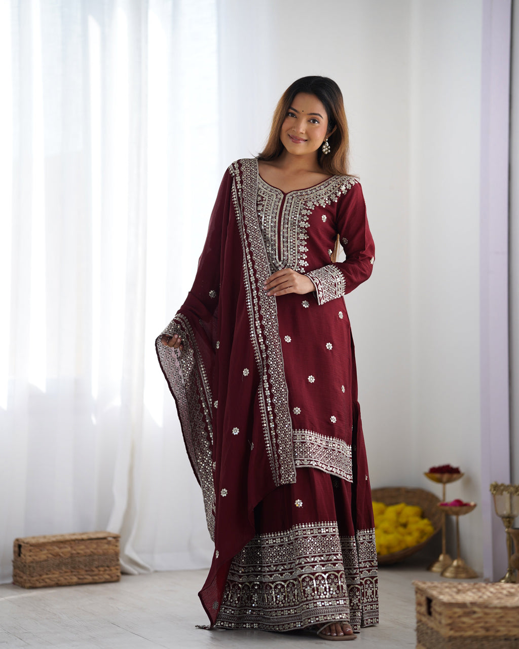 Magnificent Chinon Silk Sequins Embroidered Top Sharara Suit - ETHNICDEAL