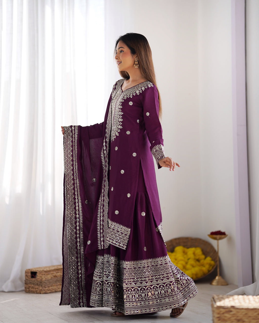 Magnificent Chinon Silk Sequins Embroidered Top Sharara Suit - ETHNICDEAL