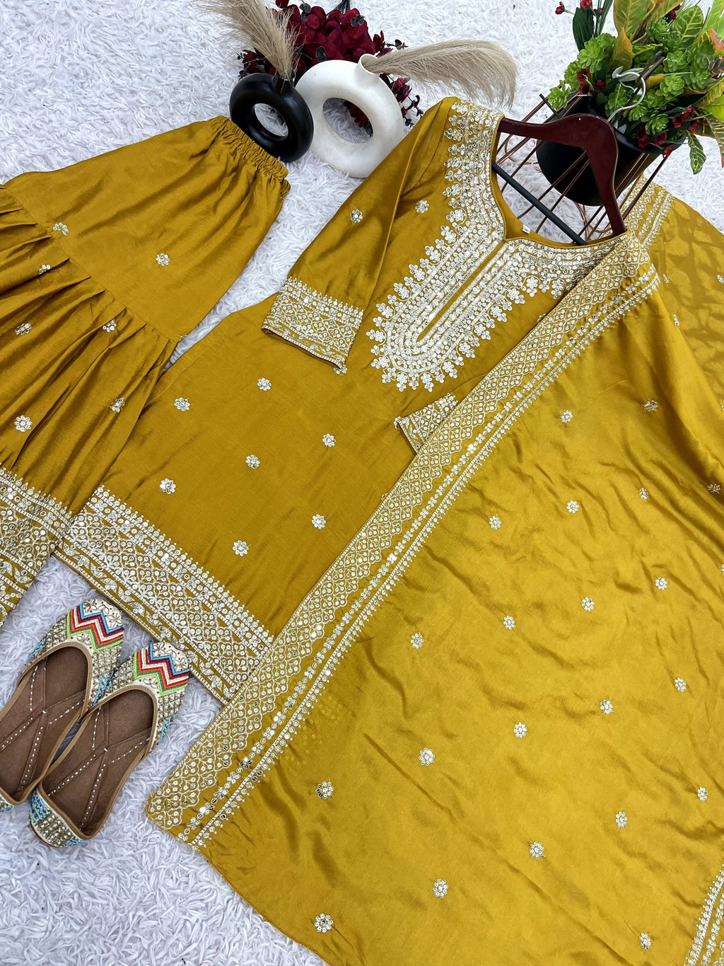 Magnificent Chinon Silk Sequins Embroidered Top Sharara Suit - ETHNICDEAL