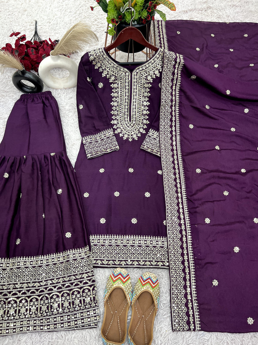 Magnificent Chinon Silk Sequins Embroidered Top Sharara Suit - ETHNICDEAL