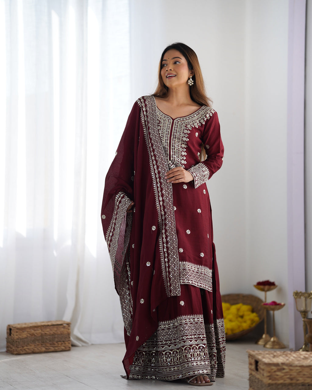Magnificent Chinon Silk Sequins Embroidered Top Sharara Suit - ETHNICDEAL