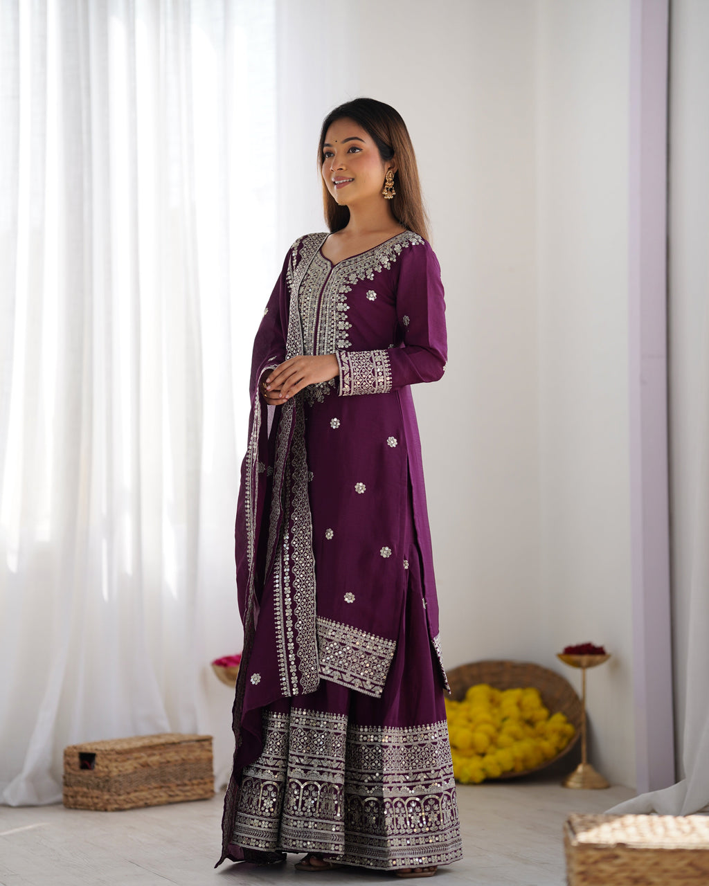 Magnificent Chinon Silk Sequins Embroidered Top Sharara Suit - ETHNICDEAL