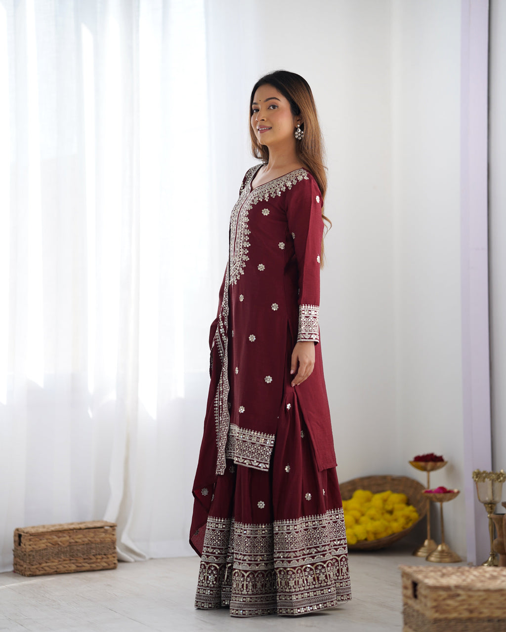 Magnificent Chinon Silk Sequins Embroidered Top Sharara Suit - ETHNICDEAL