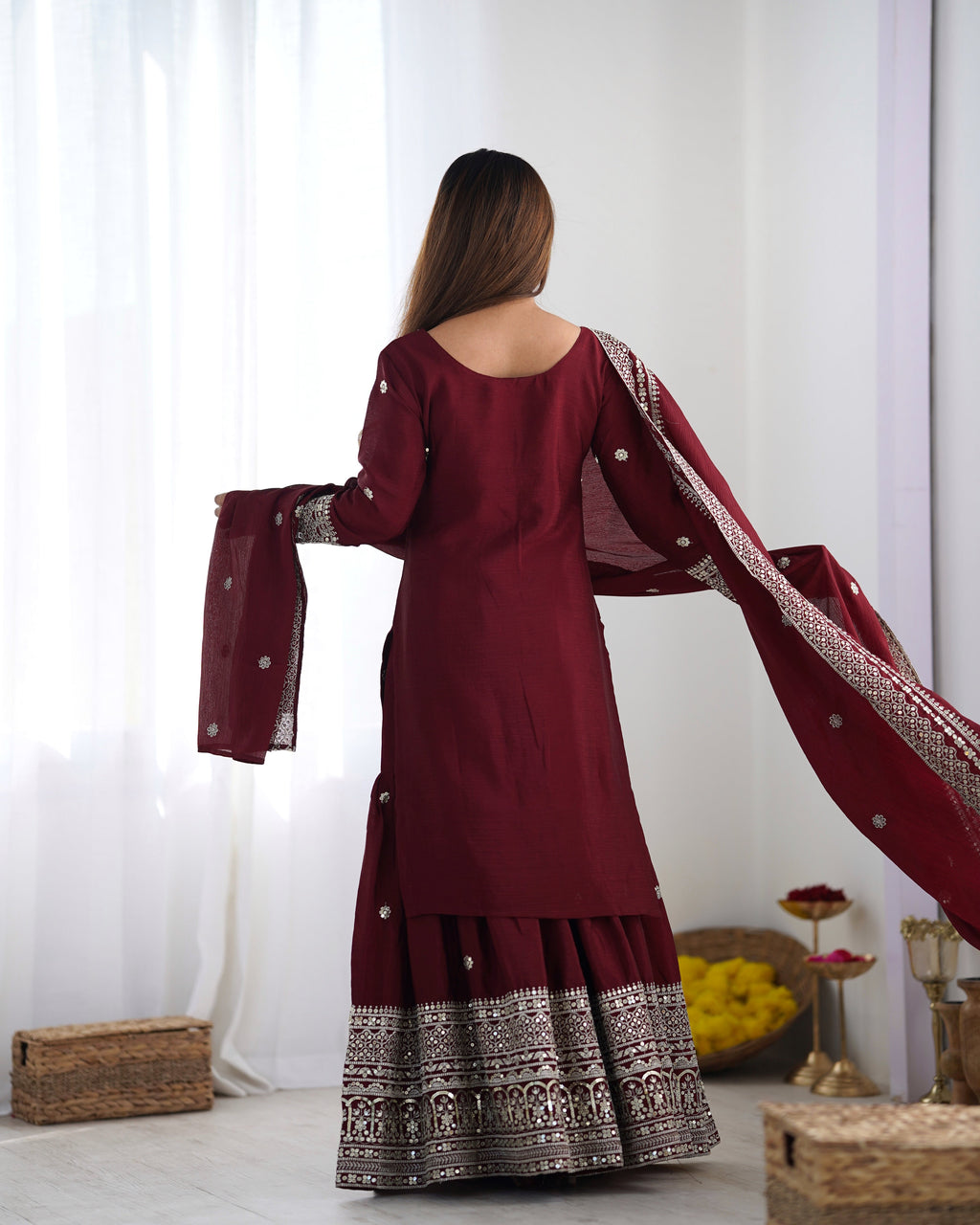Magnificent Chinon Silk Sequins Embroidered Top Sharara Suit - ETHNICDEAL