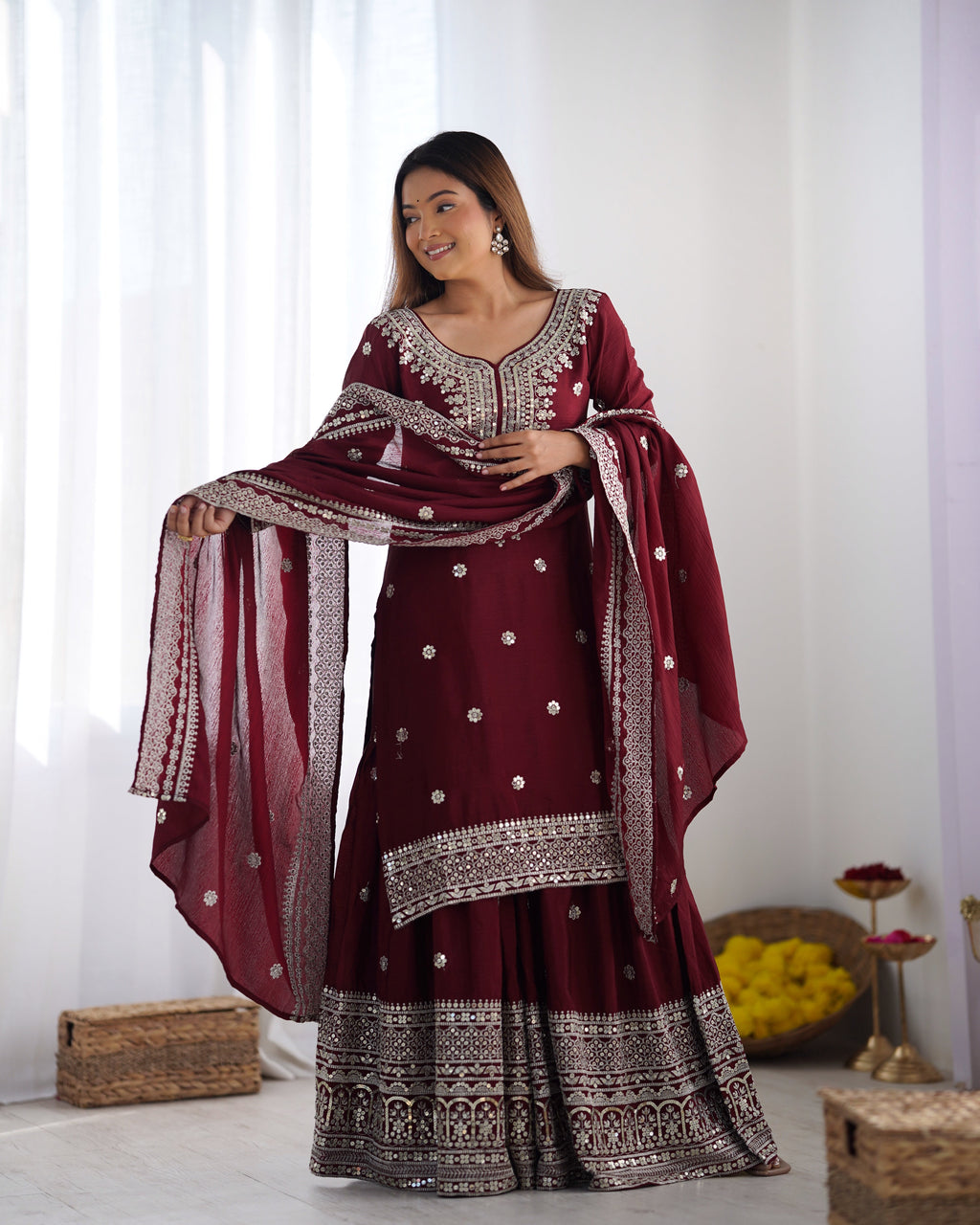 Magnificent Chinon Silk Sequins Embroidered Top Sharara Suit - ETHNICDEAL