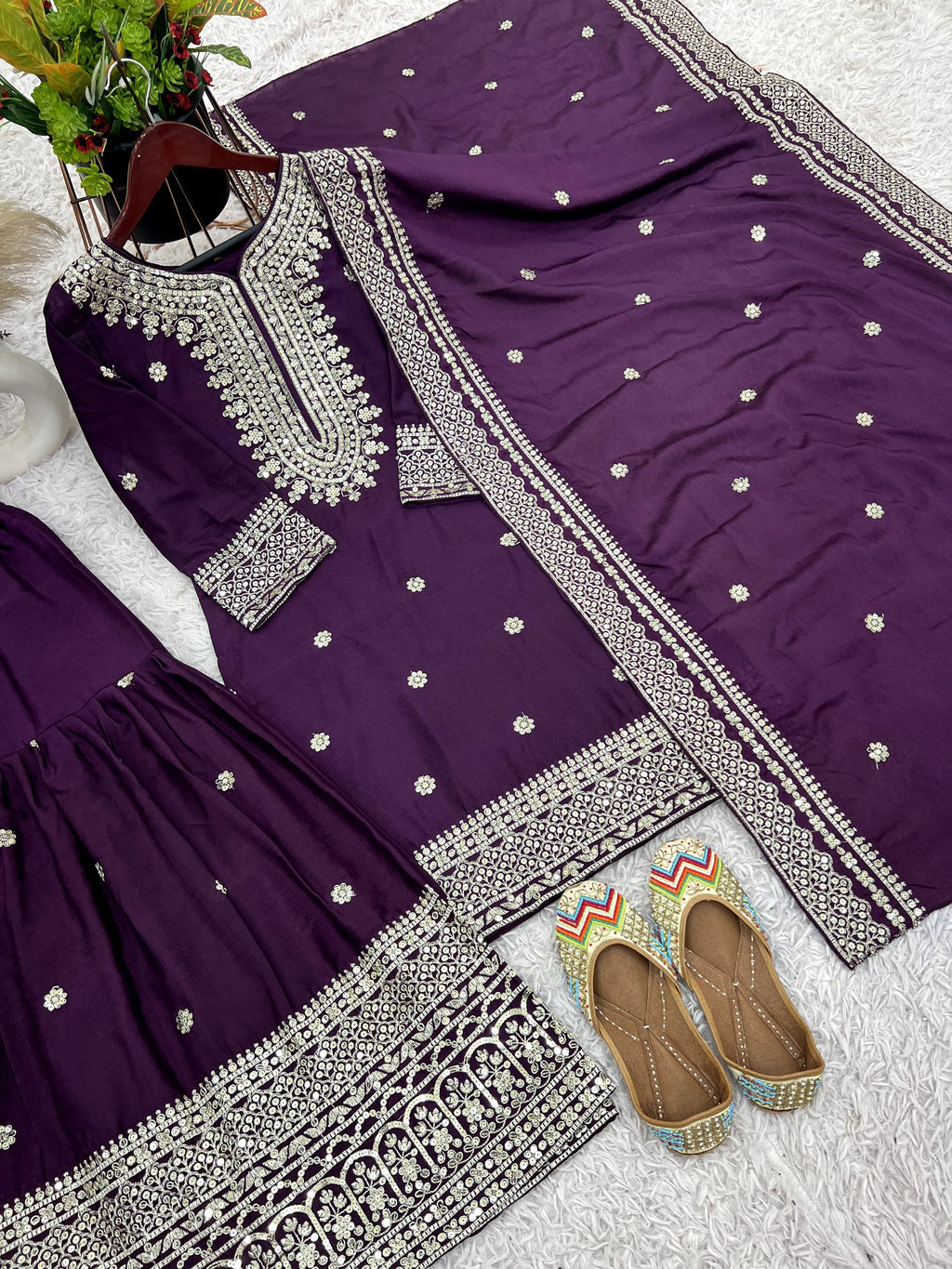 Magnificent Chinon Silk Sequins Embroidered Top Sharara Suit - ETHNICDEAL